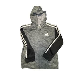 BOYS GRAY LONG SLEEVE ZIP UP ADIDAS HOODED SWEATSHIRT WITH STRIPES DOWN SLEEVES
